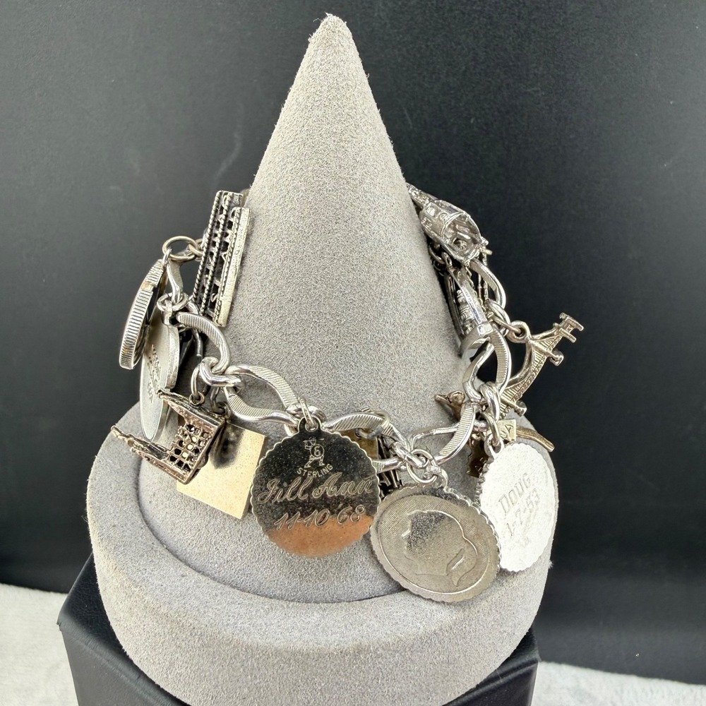Vintage Monet Travel Charm Bracelet  Souvenir‎ Silver Tone 6.5